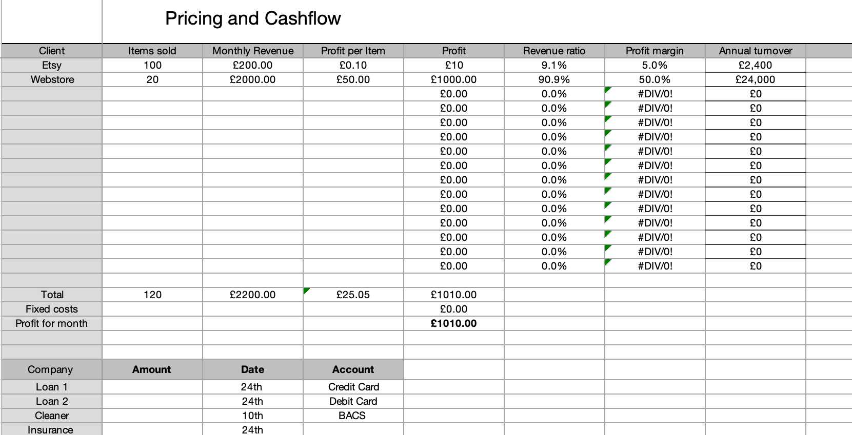 Pricing and Cashflow Tool